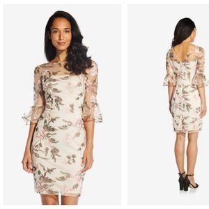 Adrianna Papell Cocktail Dress with Bell Sleeves, Blush, Size 10